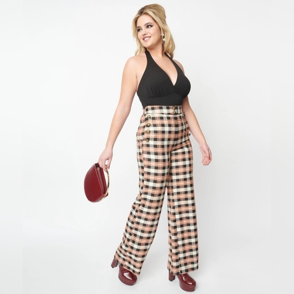 Unique Vintage Black and Tan Plaid Sailor Pants - Picture 5 of 5